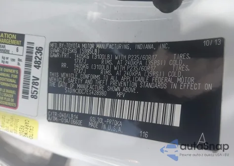 2014 Toyota Sienna Xle V6 8 Passenger из США, поврежденный, VIN 5TDYK3DC7ES428980